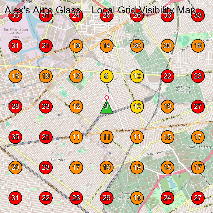 Alex's Auto Glass GeoGrid visibility map for Auto Glass Shop in Queens